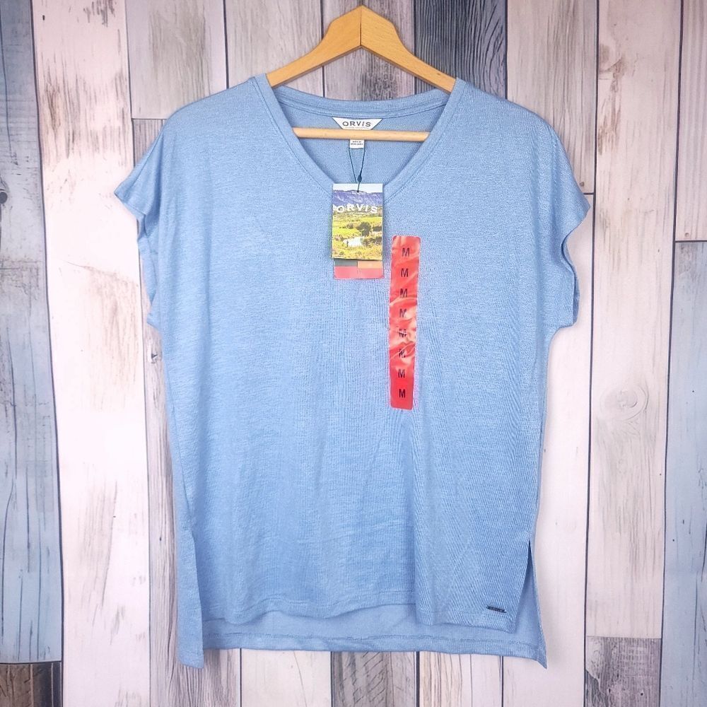 Orvis Blue Knit Tunic Top Short Sleeve V Neck Size Medium